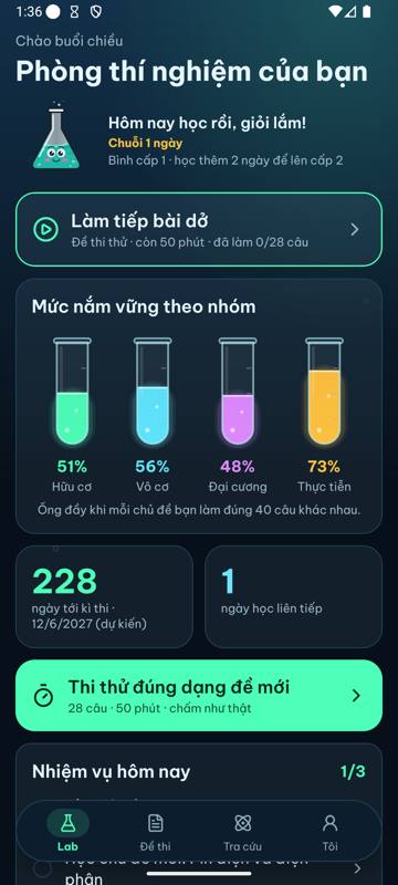 Trang Lab với 4 ống nghiệm phát sáng